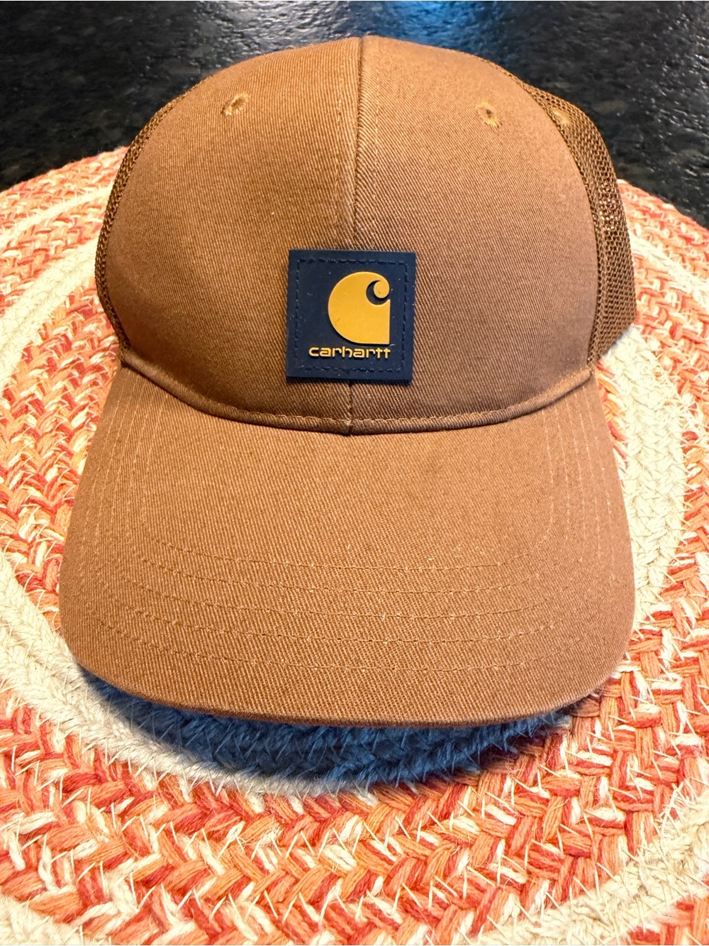 Carhartt Brown Trucker Hat with Yellow Logo Patch